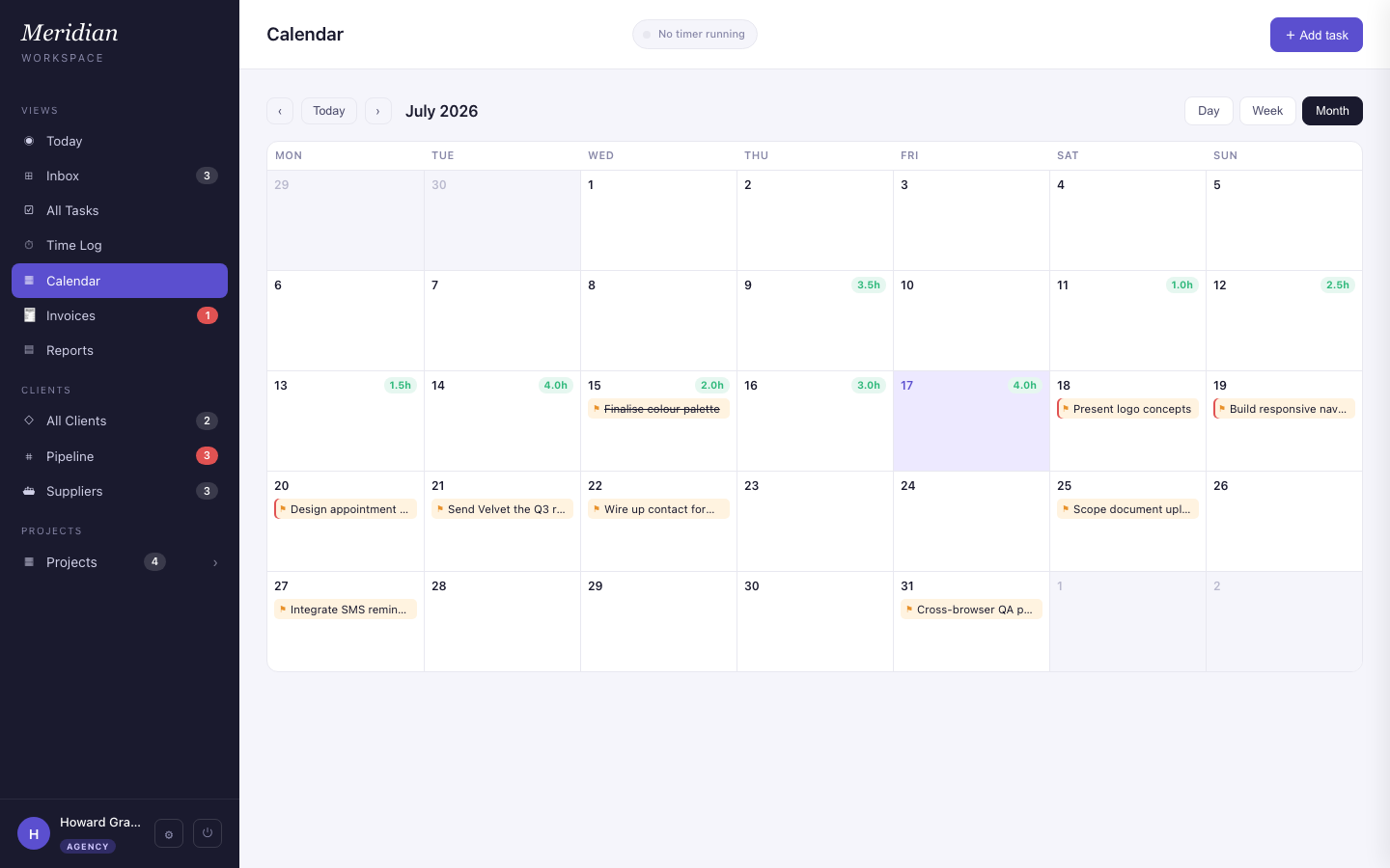 The calendar — meetings, deadlines and booked time in one view.