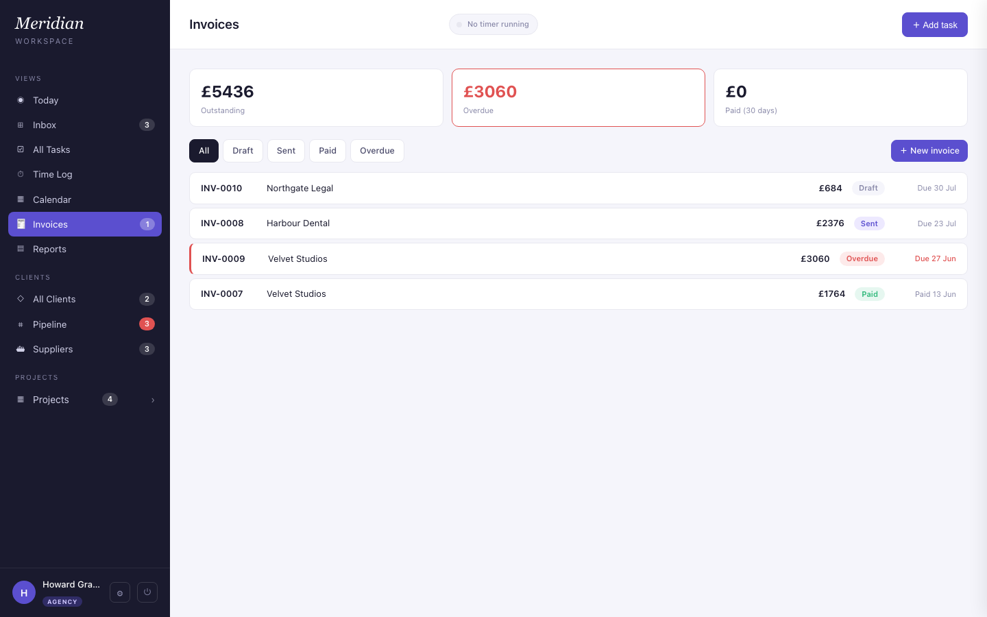 Invoices — unbilled hours pulled straight on, paid by card, posted to Xero.