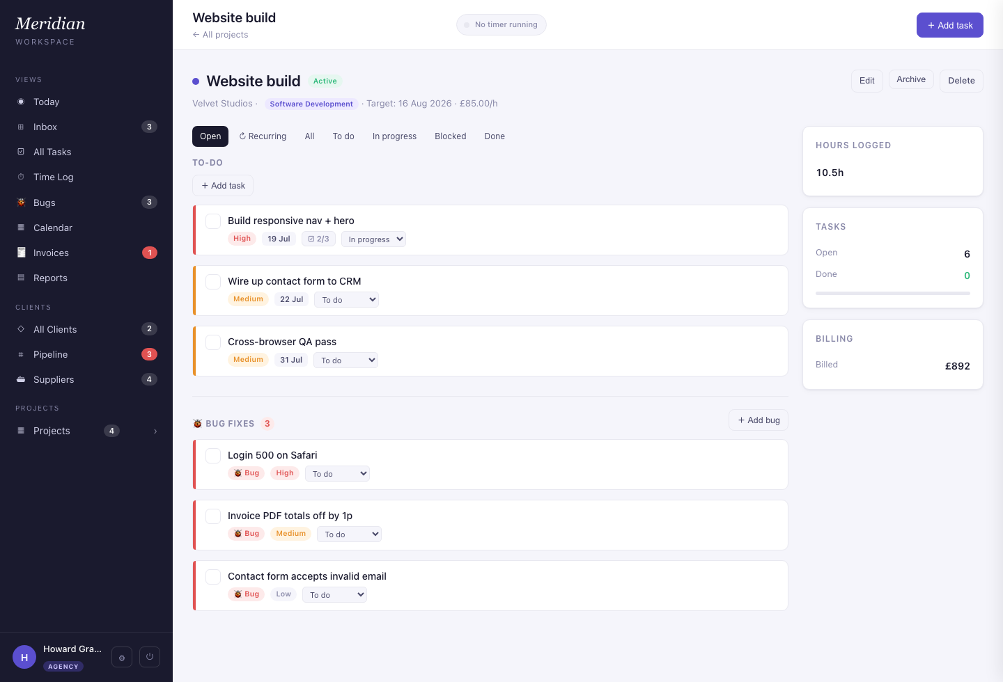 A project — tasks with dependencies, rates already set, a timer on every line.