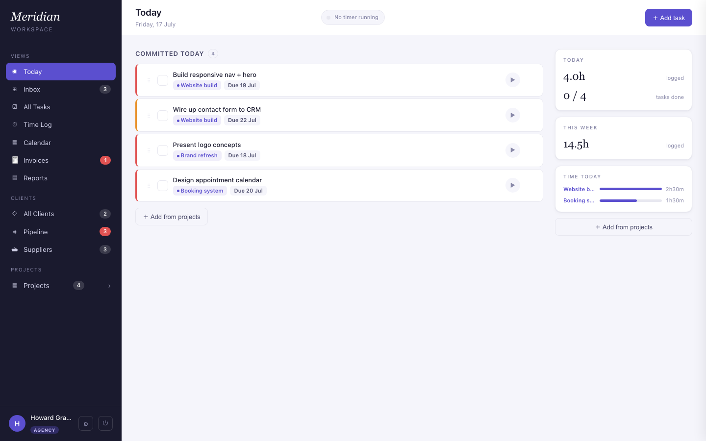 The Today screen: the day's plan, a running timer, and what each hour is worth